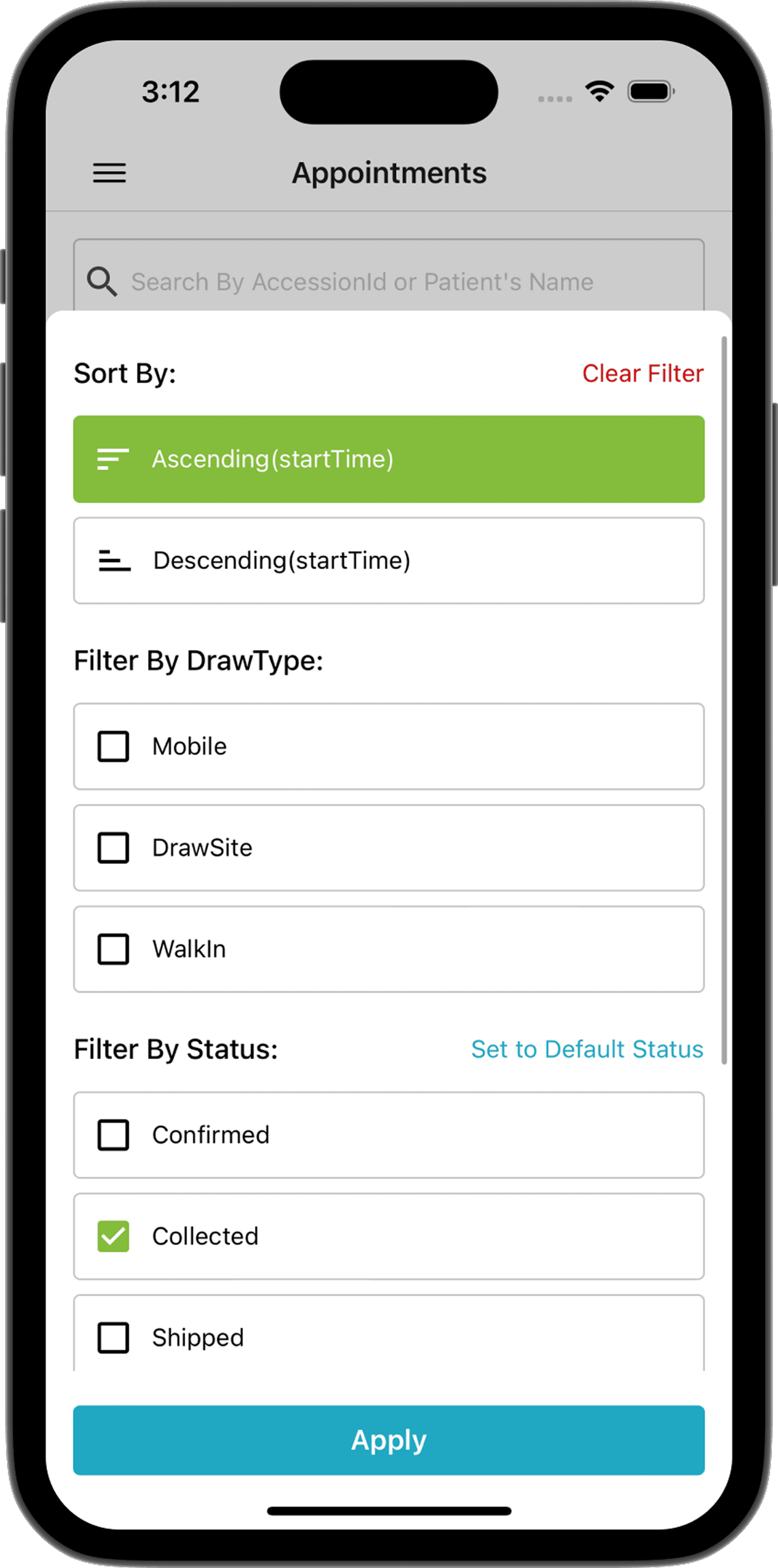 Status filter active