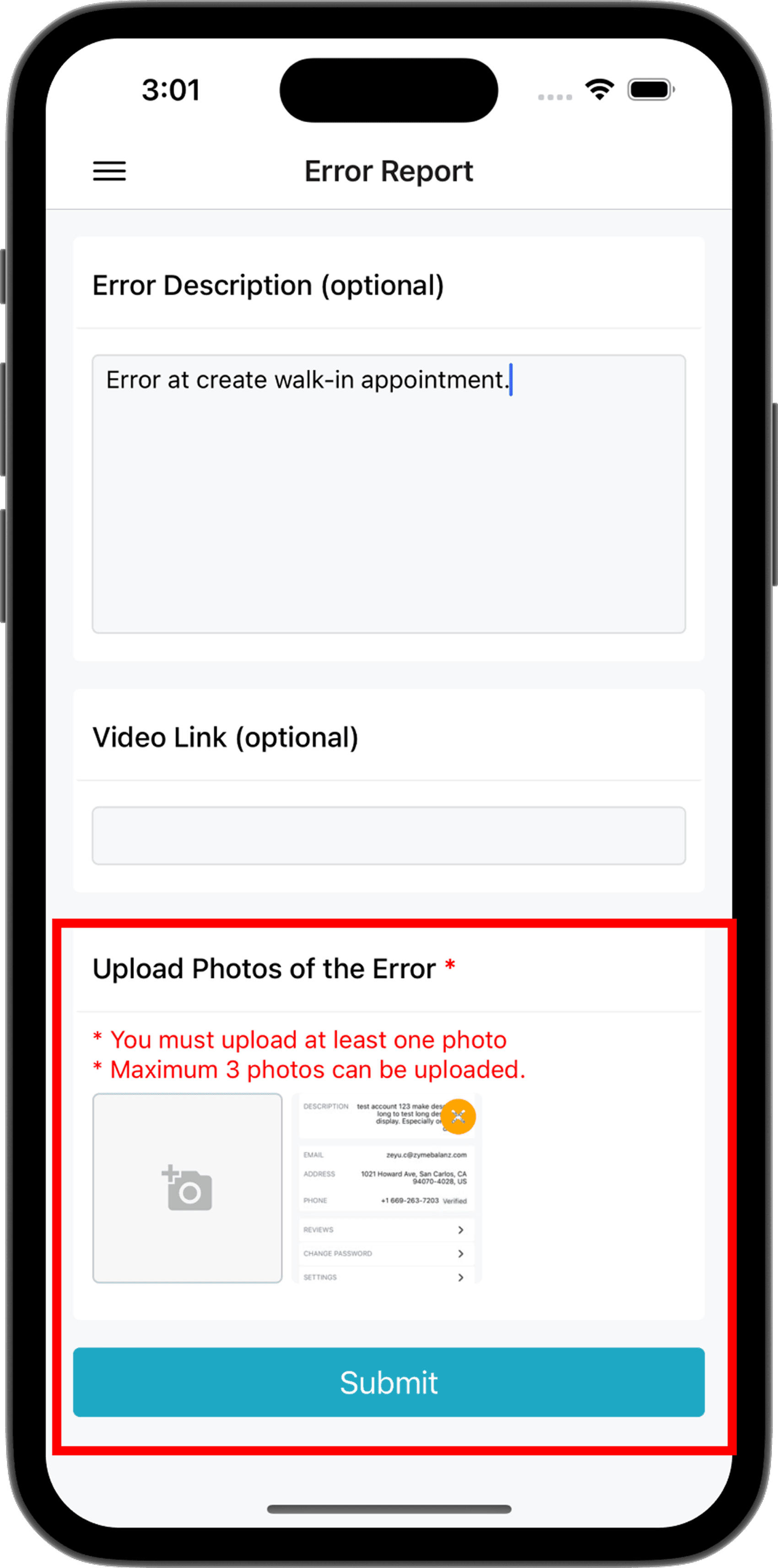 Error Report screen
